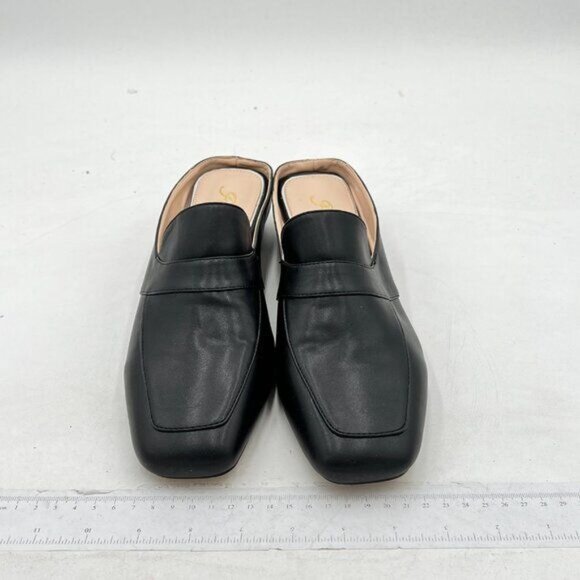 Women Luxury Leather Mules, Closed Square Toe Loafer, Med Chunky Heel Backless - Picture 3 of 7